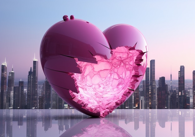 Free photo view of broken heart with city skyline background