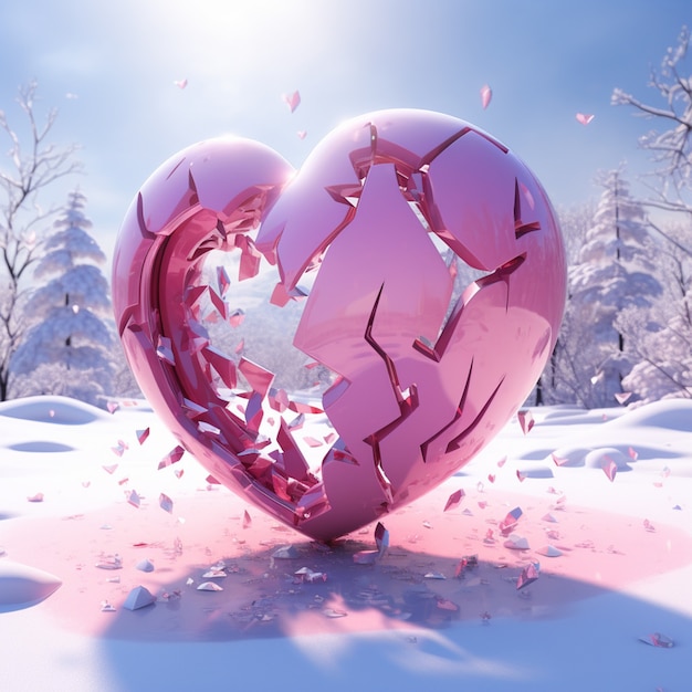 View of broken heart with winter and snow background