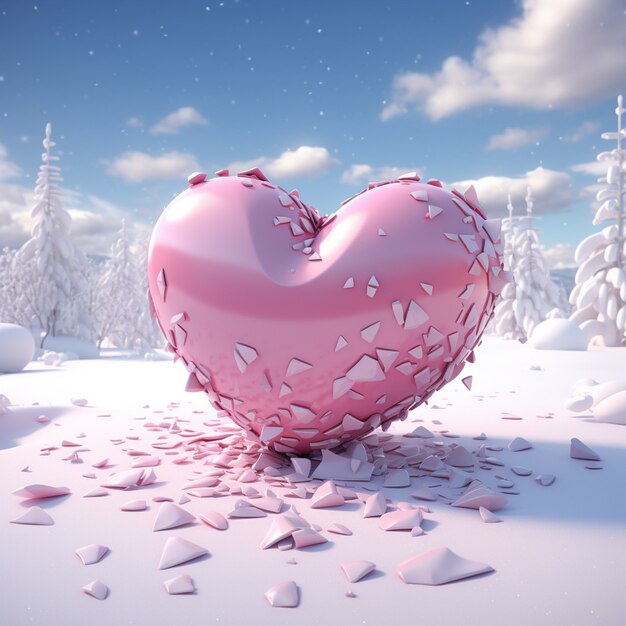 View of broken heart with winter and snow background