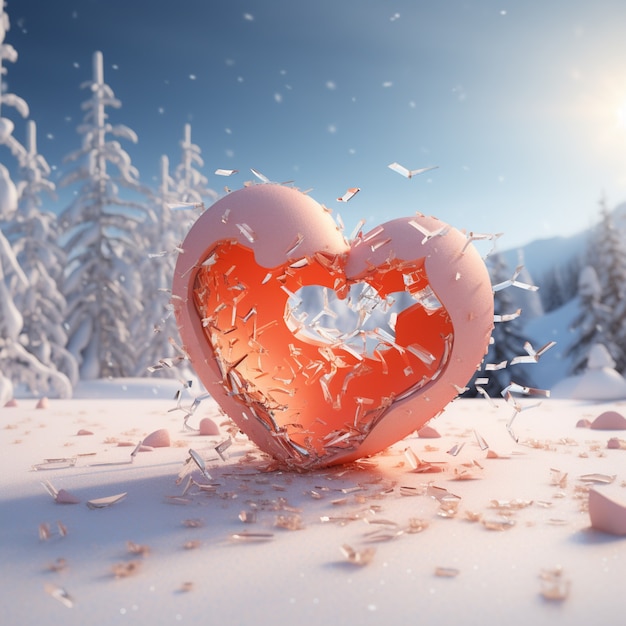 View of broken heart with winter and snow background
