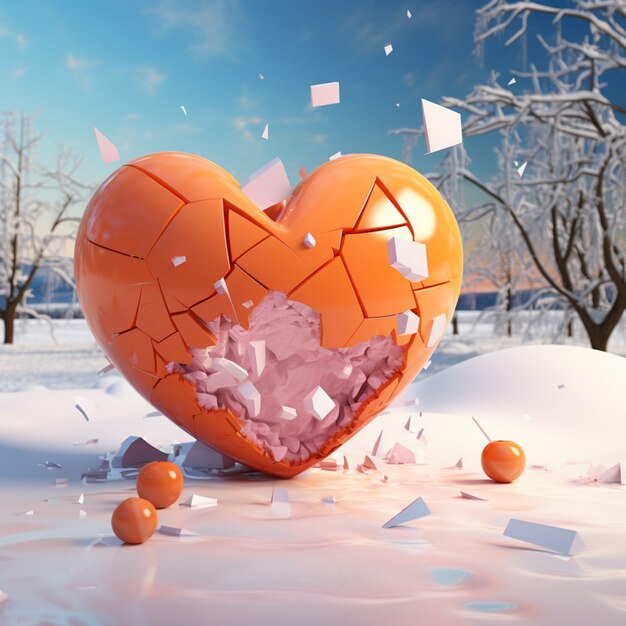 View of broken heart with winter and snow background