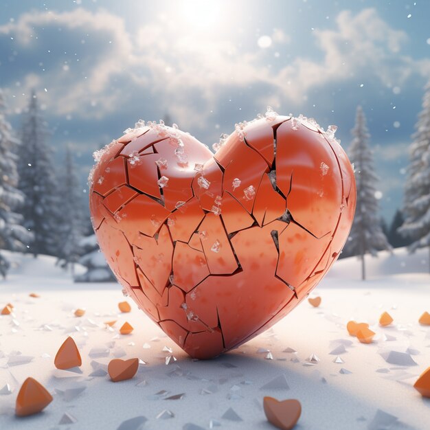 View of broken heart with winter and snow background