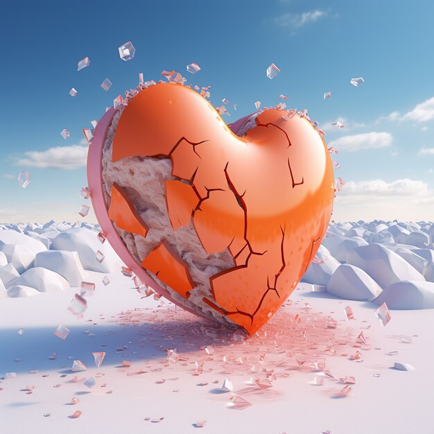 View of broken heart with winter and snow background