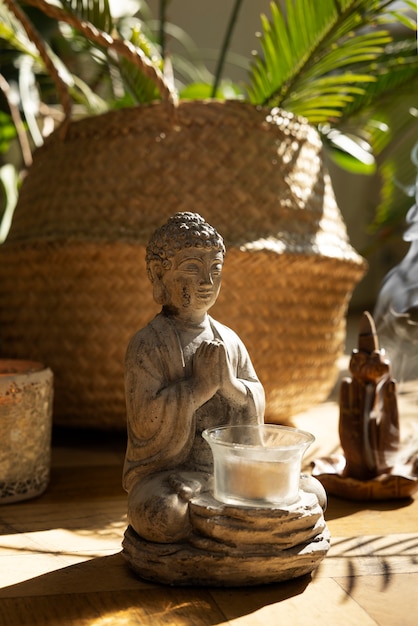 Foto gratuita vista della statuetta di buddha per la tranquillità e la meditazione