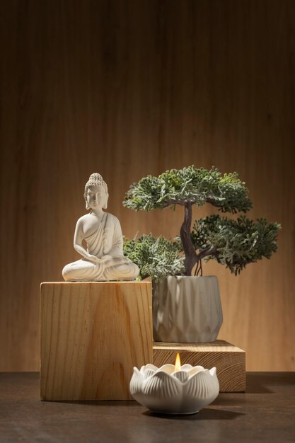 View of buddha statuette with bonsai tree