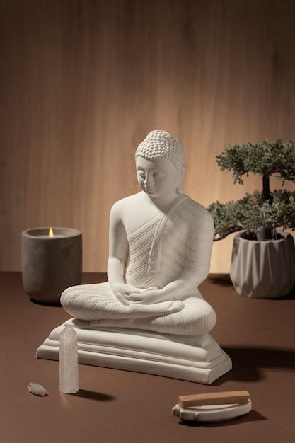 View of buddha statuette with bonsai tree