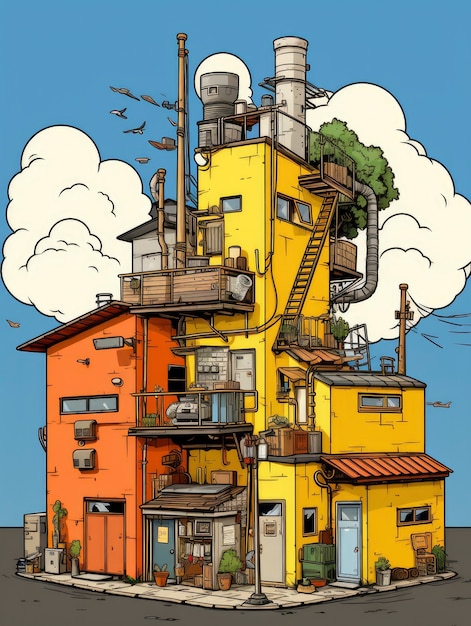 漫画スタイルの建築による建物の景色