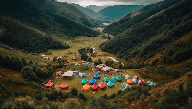 A view of a camp site with a mountain in the background