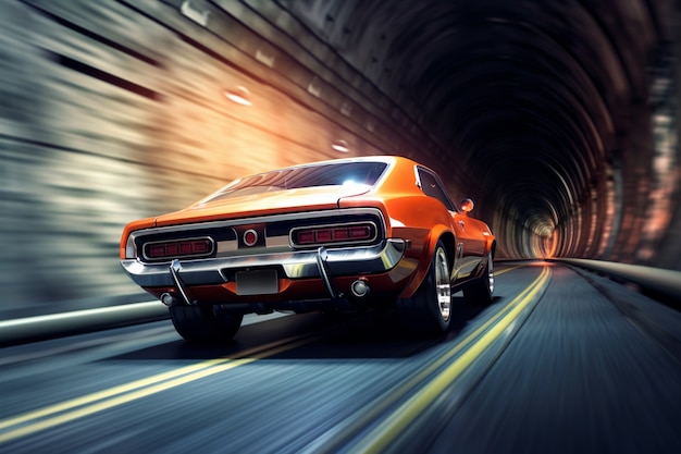 View of car running at high speed in tunnel