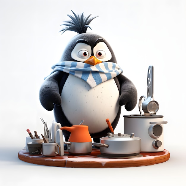 Foto gratuita vista dello chef pinguino animato in 3d