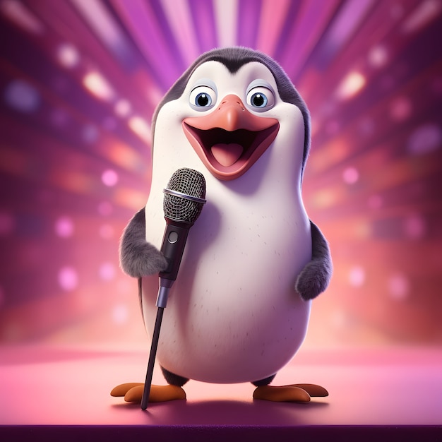 View of cartoon animated 3d penguin singer