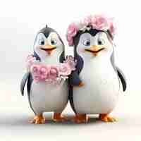 Foto gratuita vista degli sposi animati da cartoni animati di pinguini 3d