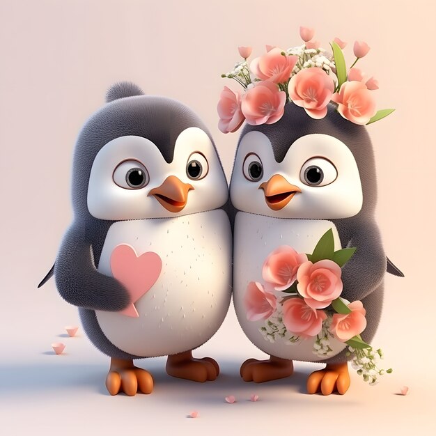 View of cartoon animated 3d penguin wedding couple