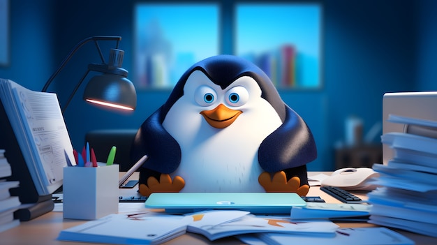 View of cartoon animated 3d penguin