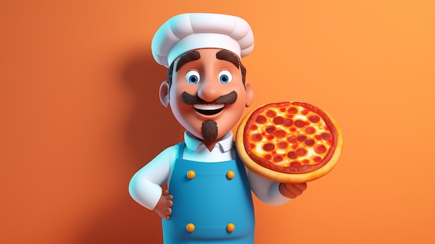 View of cartoon chef with delicious 3d pizza