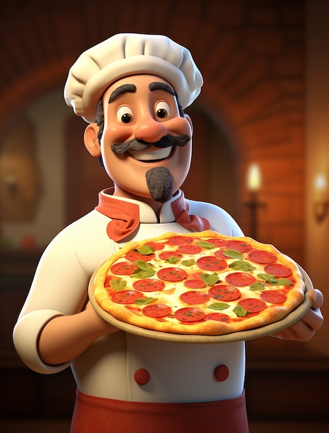 Vista di un cuoco dei cartoni animati con una deliziosa pizza 3d