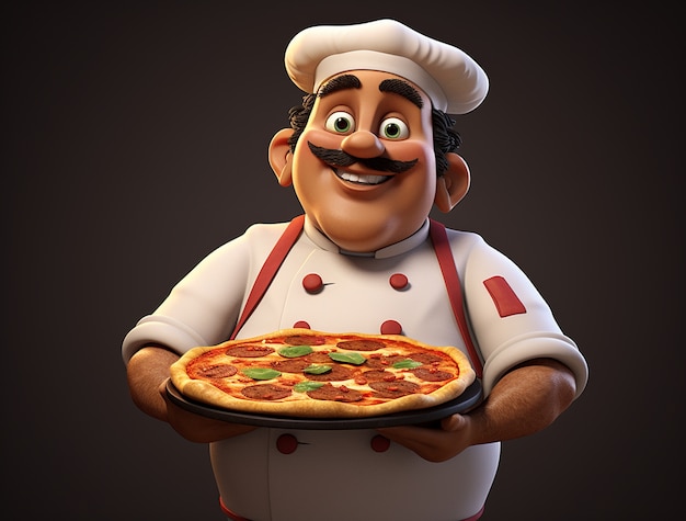 Foto gratuita vista di un cuoco dei cartoni animati con una deliziosa pizza 3d