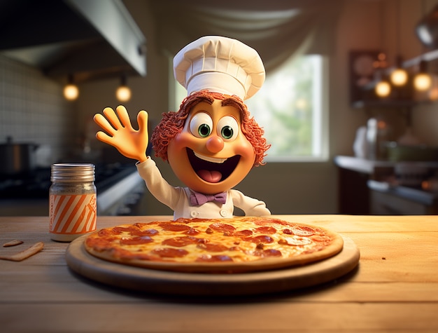 Foto gratuita vista di un cuoco dei cartoni animati con una deliziosa pizza 3d