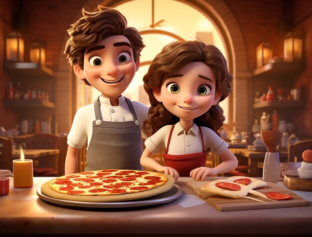 View of cartoon couple with delicious 3d pizza