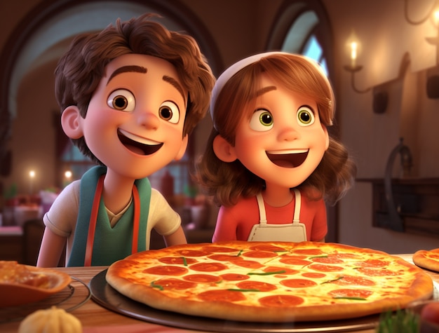 View of cartoon couple with delicious 3d pizza