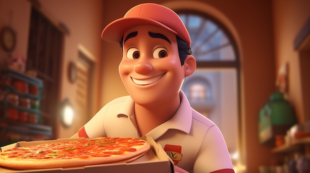 Foto gratuita vista di una persona di consegna di cartoni animati con una deliziosa pizza 3d