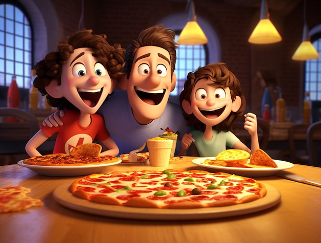 Foto gratuita vista del padre dei cartoni animati e dei bambini con una deliziosa pizza 3d