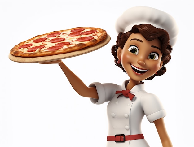 Foto gratuita vista di una cuoca di cartoni animati con una deliziosa pizza 3d