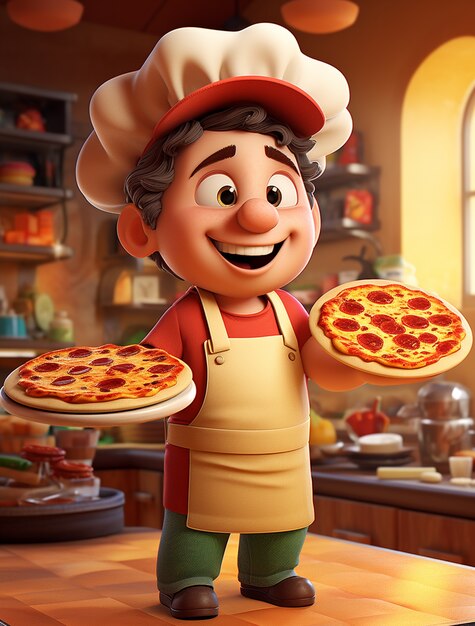 View of cartoon male chef with delicious 3d pizza