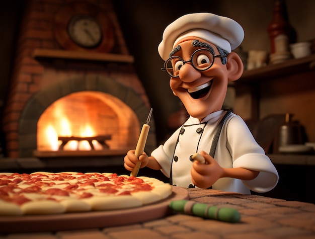 Vista di un cuoco di cartoni animati con una deliziosa pizza 3d