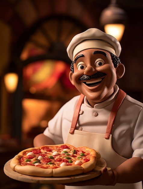 美味しい3Dピザを手にした漫画の男性シェフの景色