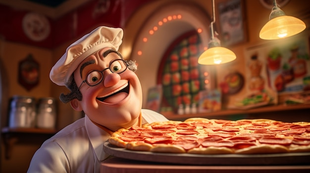 Foto gratuita vista di un cuoco di cartoni animati con una deliziosa pizza 3d