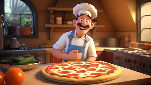 Foto gratuita vista di un cuoco di cartoni animati con una deliziosa pizza 3d