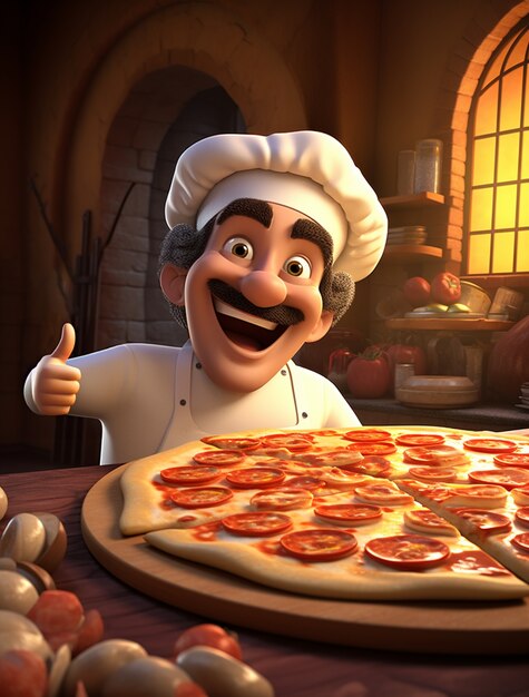 View of cartoon male chef with delicious 3d pizza