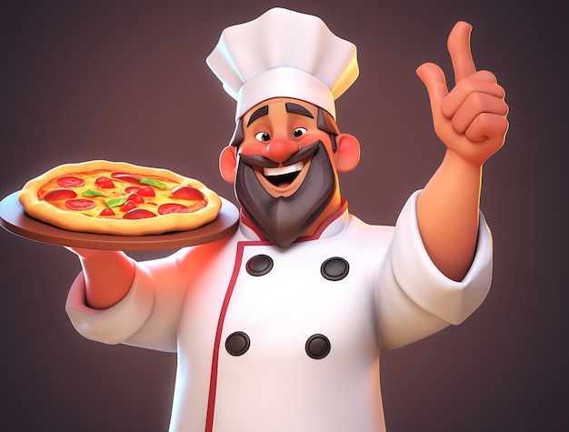 Vista di un cuoco di cartoni animati con una deliziosa pizza 3D