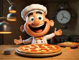 Foto gratuita vista di un cuoco di cartoni animati con una deliziosa pizza 3d