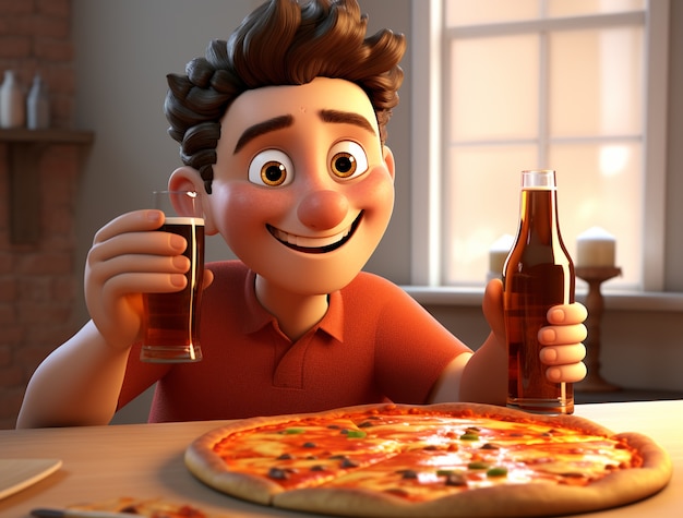 美味しい3Dピザを楽しんでいるアニメの男の景色