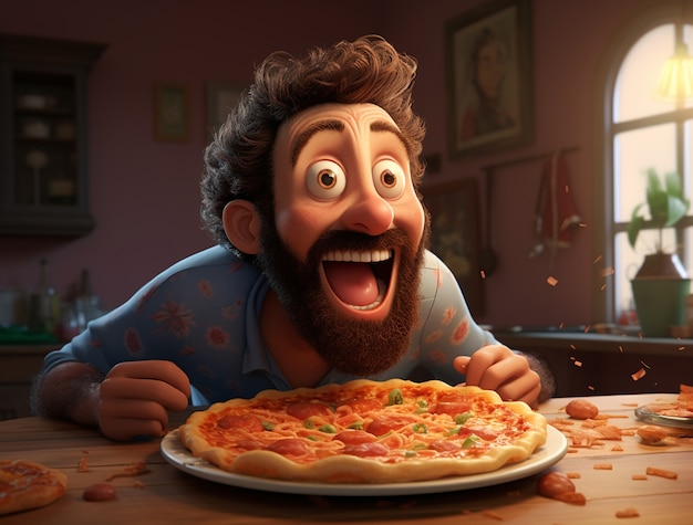 Мужчина из мультфильма наслаждается вкусной 3D-пиццей