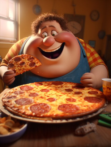 View of cartoon man with delicious 3d pizza