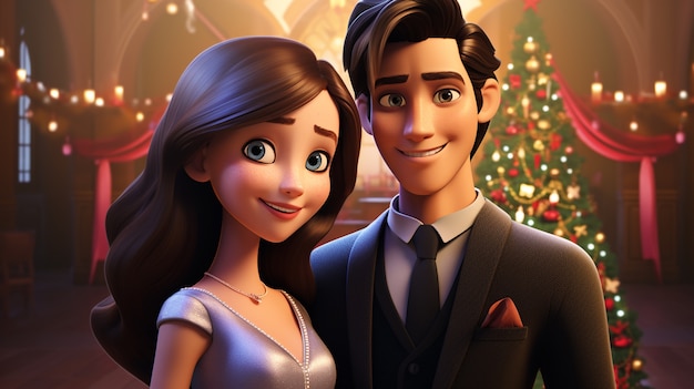 Free photo view of cartoon style couple celebrating christmas