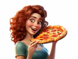 Free photo view of cartoon woman enjoying a delicious 3d pizza