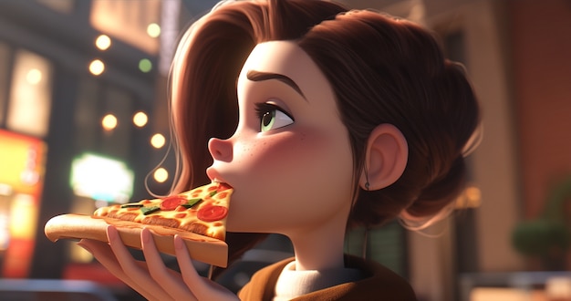 Foto gratuita vista di una donna dei cartoni animati che si gode una deliziosa pizza 3d