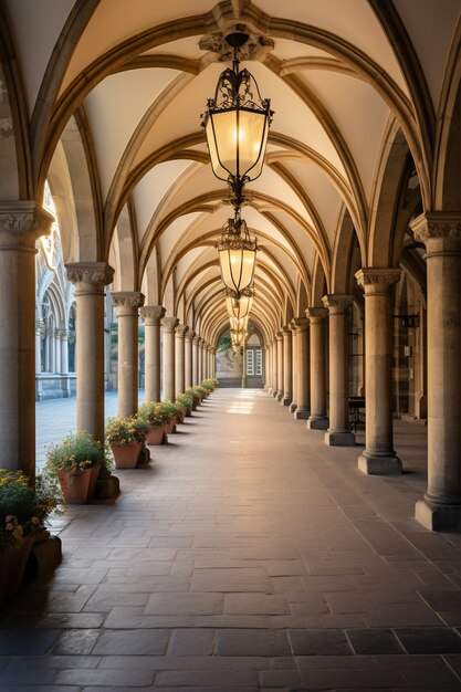 View of castle indoor with structural arches