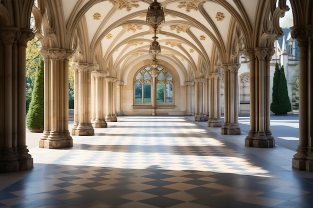 Free photo view of castle indoor with structural arches