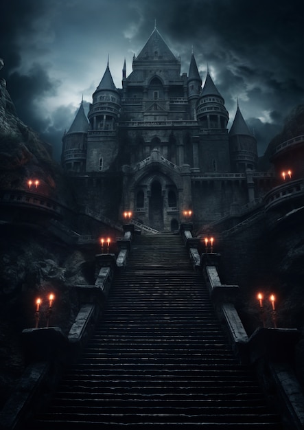 View of castle at night with scary atmosphere