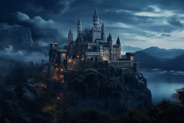 Вид на замок ночью со страшной атмосферой