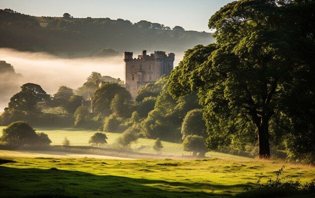 View of castle surrounded by nature landscape