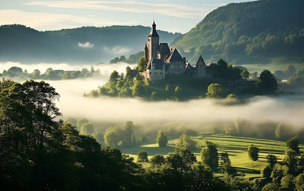 View of castle surrounded by nature landscape