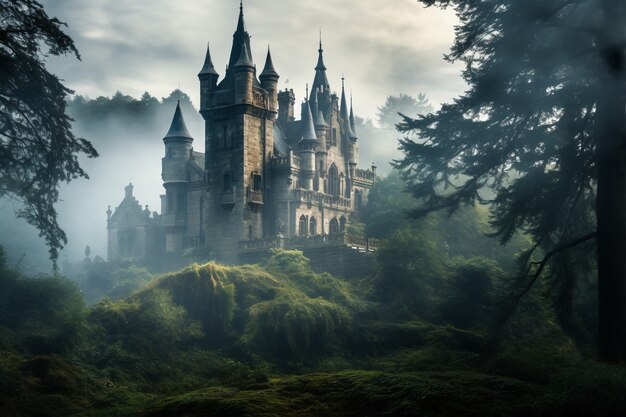 View of castle with fog and nature landscape