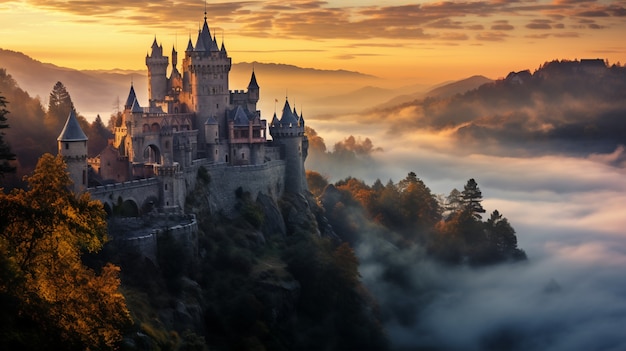 Free photo view of castle with fog and nature landscape