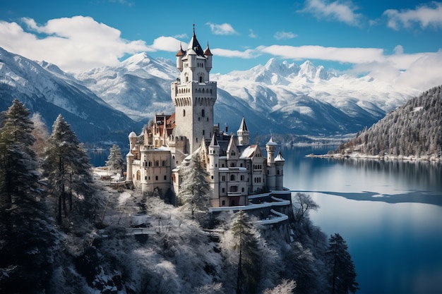 Free photo view of castle with lake and nature landscape